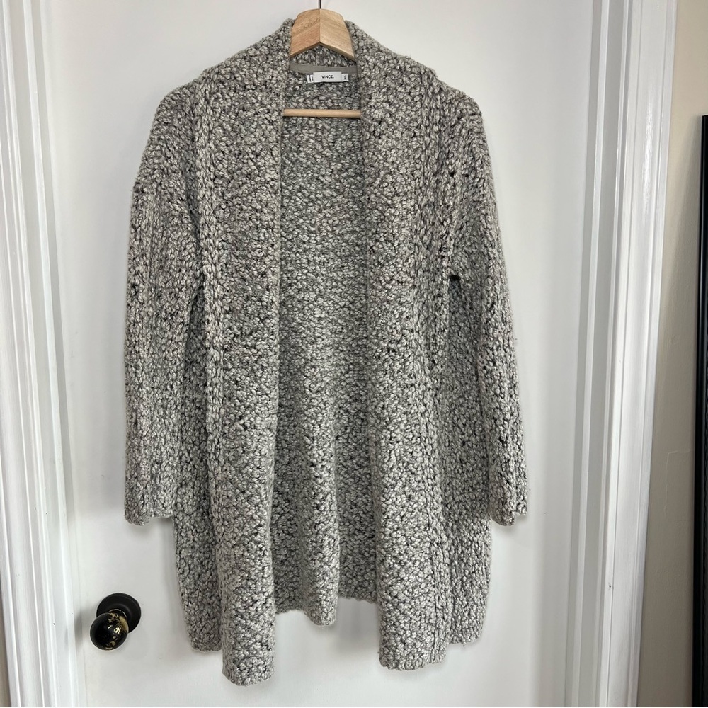 Vince Grey White Wool Blend Knit Open Cadigan Midi Duster Sweater, Size M/L‎